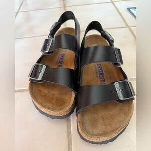 Birkenstock Milano Soft Footbed Leather Double Buckle Slingback Sandals Black 36
